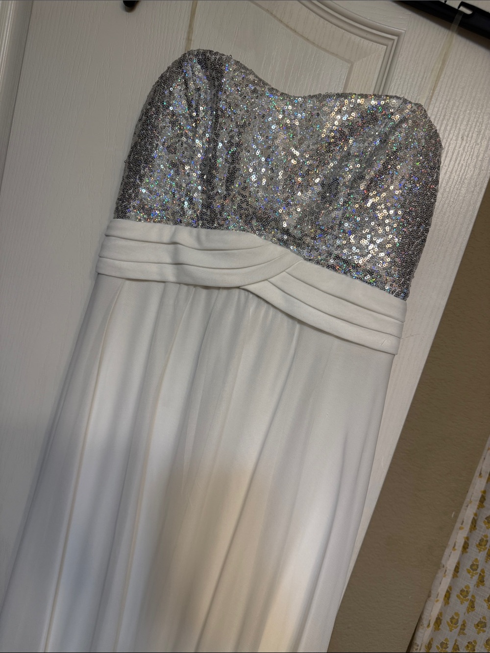 Strapless Silver Sequin & White Evening Gown